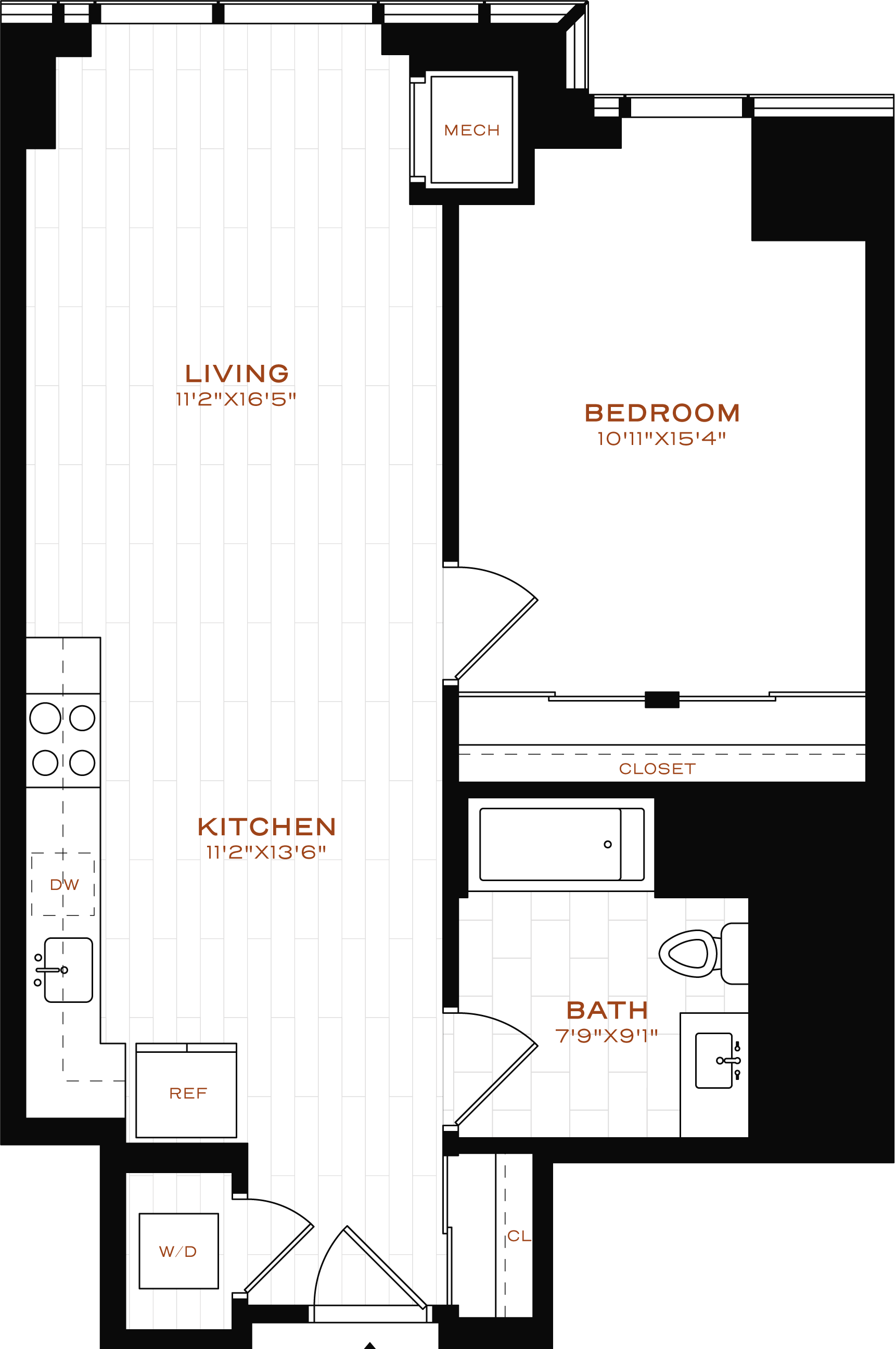 Rendering of the 1 Bed-1 Bath-T-4 Floor Plan